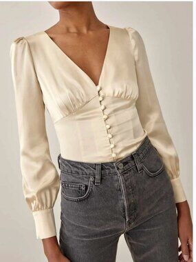 Reformation Cadence Silk Button-Up Blouse Almond Size Small